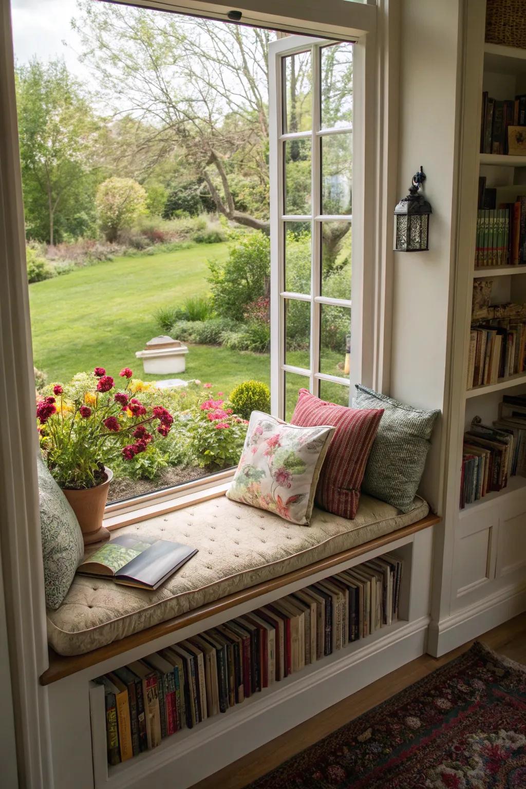 Natural illumination and scenic vistas render window alcoves ideal for reading.