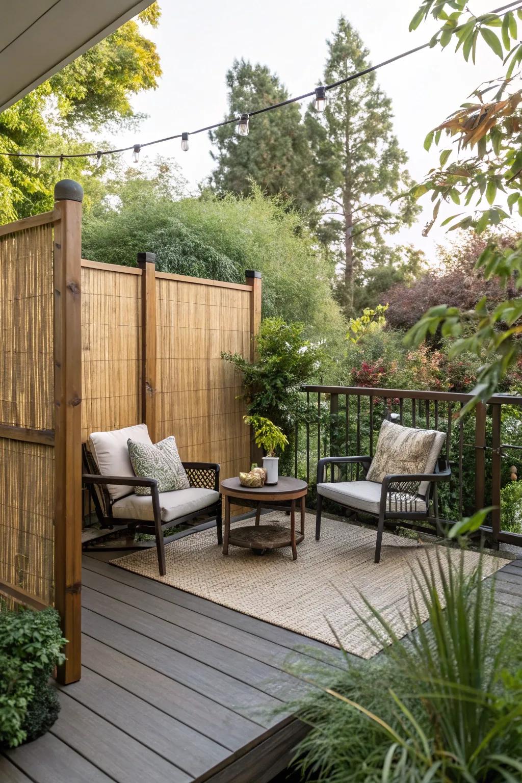 An intimate nook on a small deck utilizing bamboo screens.