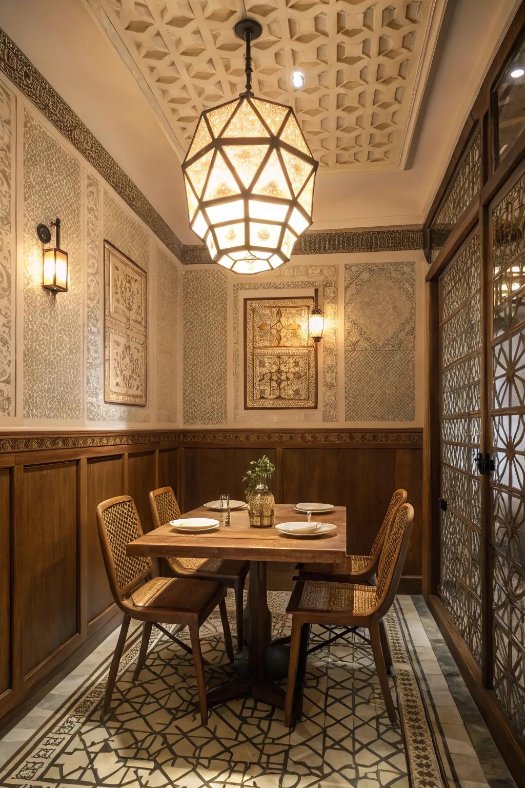 Geometric designs inject an artistic charm into dining environments.