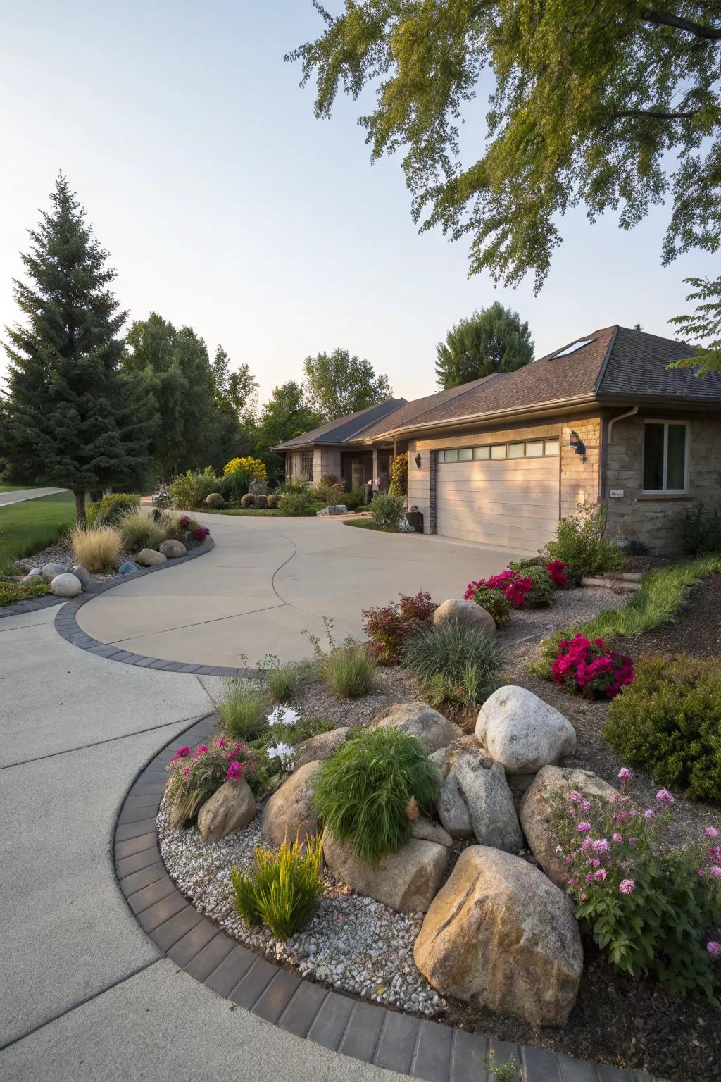 A circular driveway optimizes space usage while introducing visual intrigue.