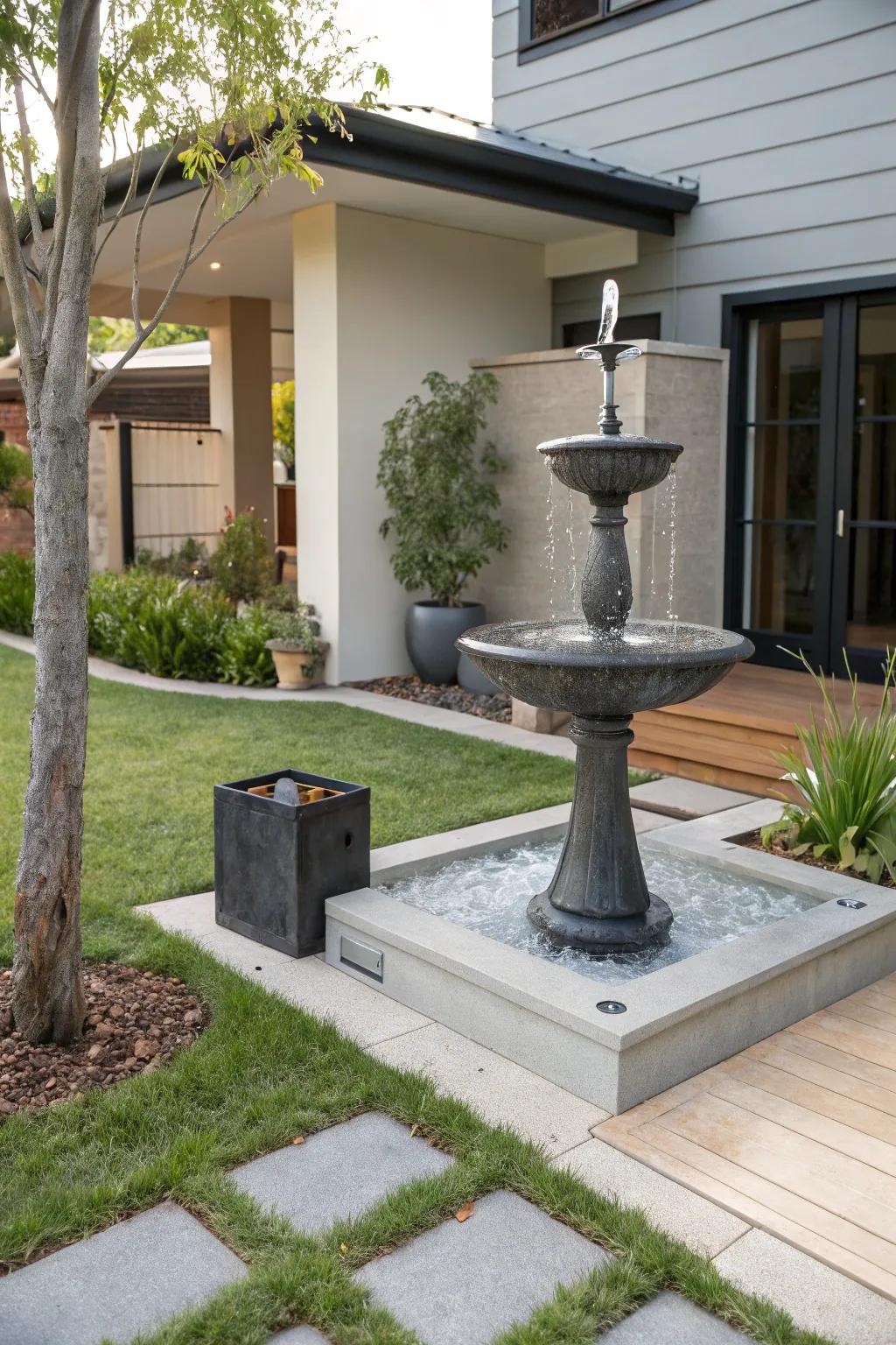 A metallic creation water feature presents a contemporary highlight.