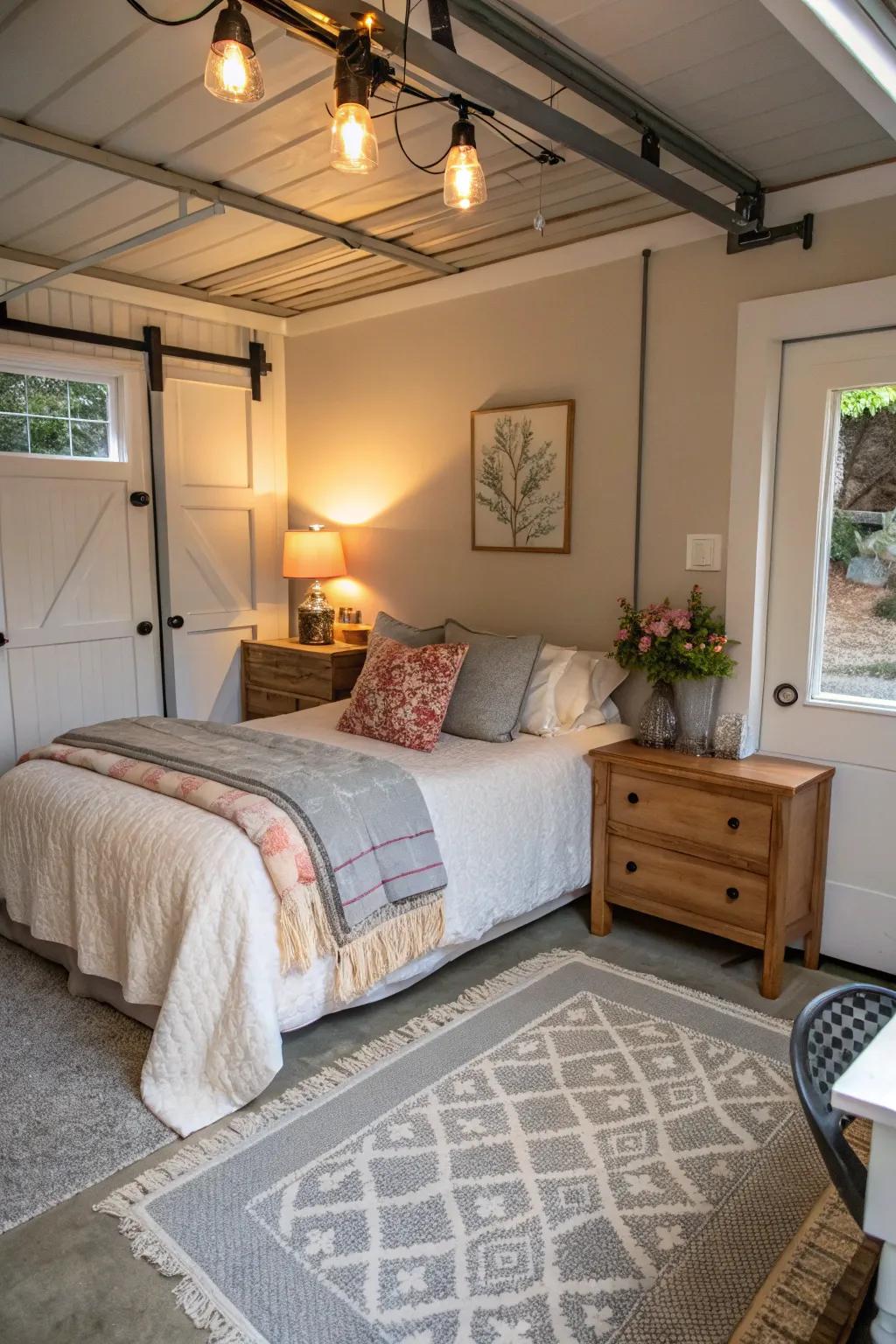 A compact garage extends a warm welcome as a guest room.