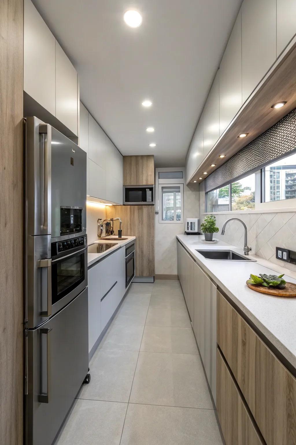 A functional and streamlined kitchen design that optimizes the available space.