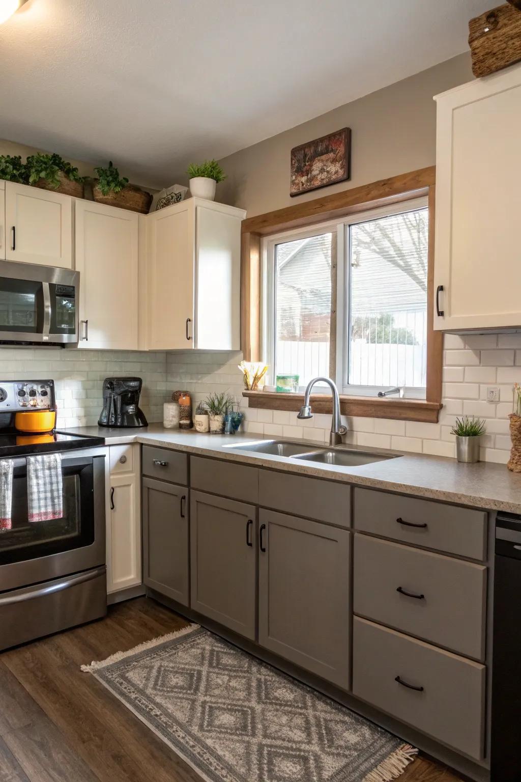 Two-tone cupboard styles include dimension and interest.