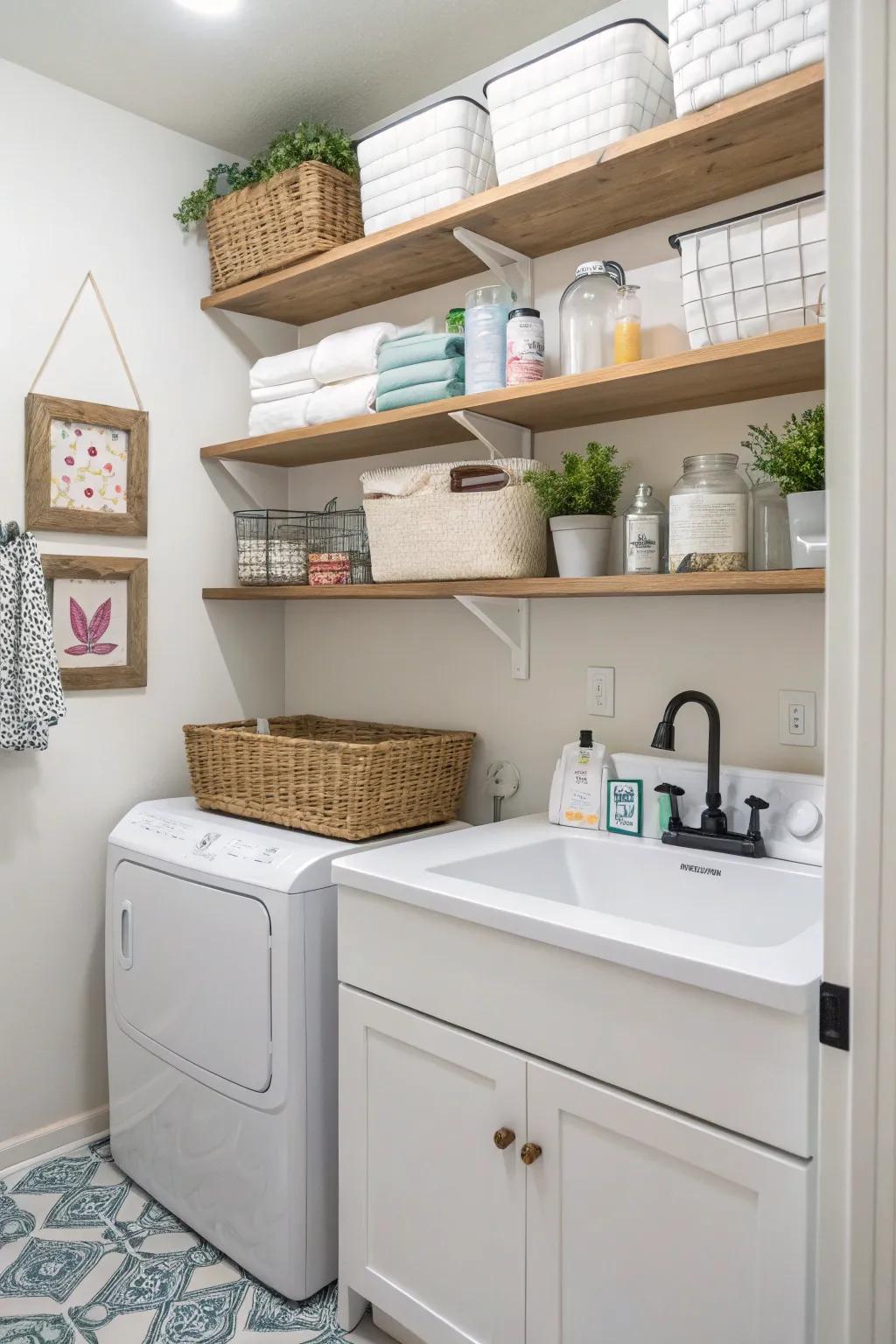 Make use of vertical space using fashionable wall-mounted shelves.