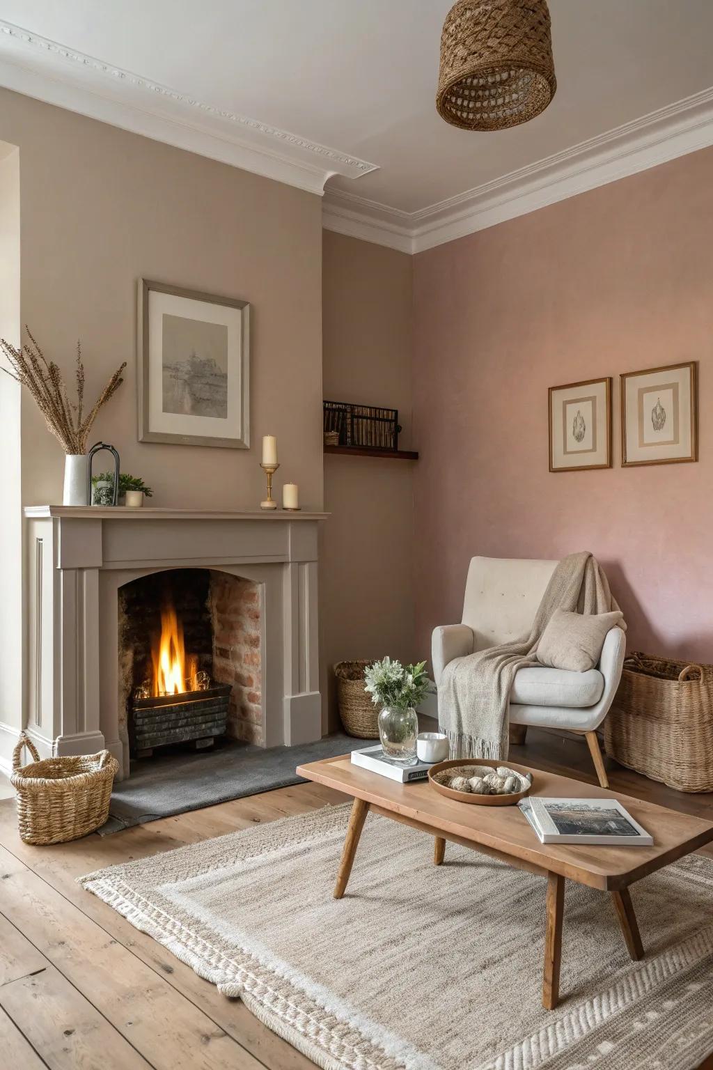 A monochromatic fireplace integrates effortlessly with the walls, creating a seamless and modern look.