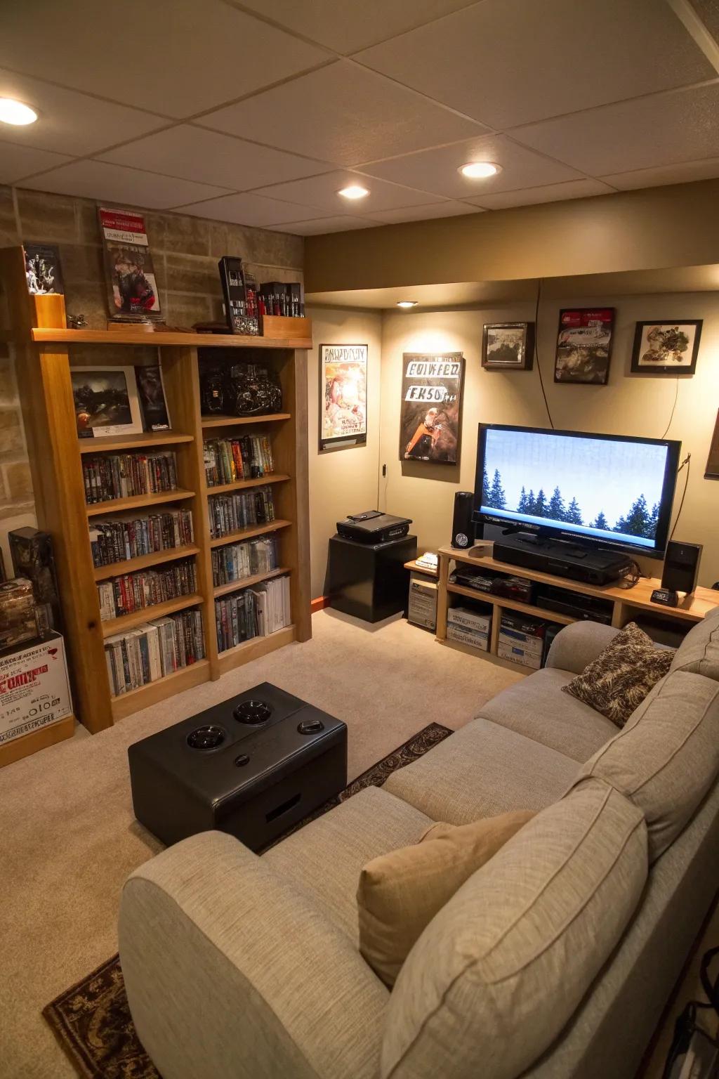 An entertainment spot in the corner uses space efficiently, integrating a TV and game console smoothly.