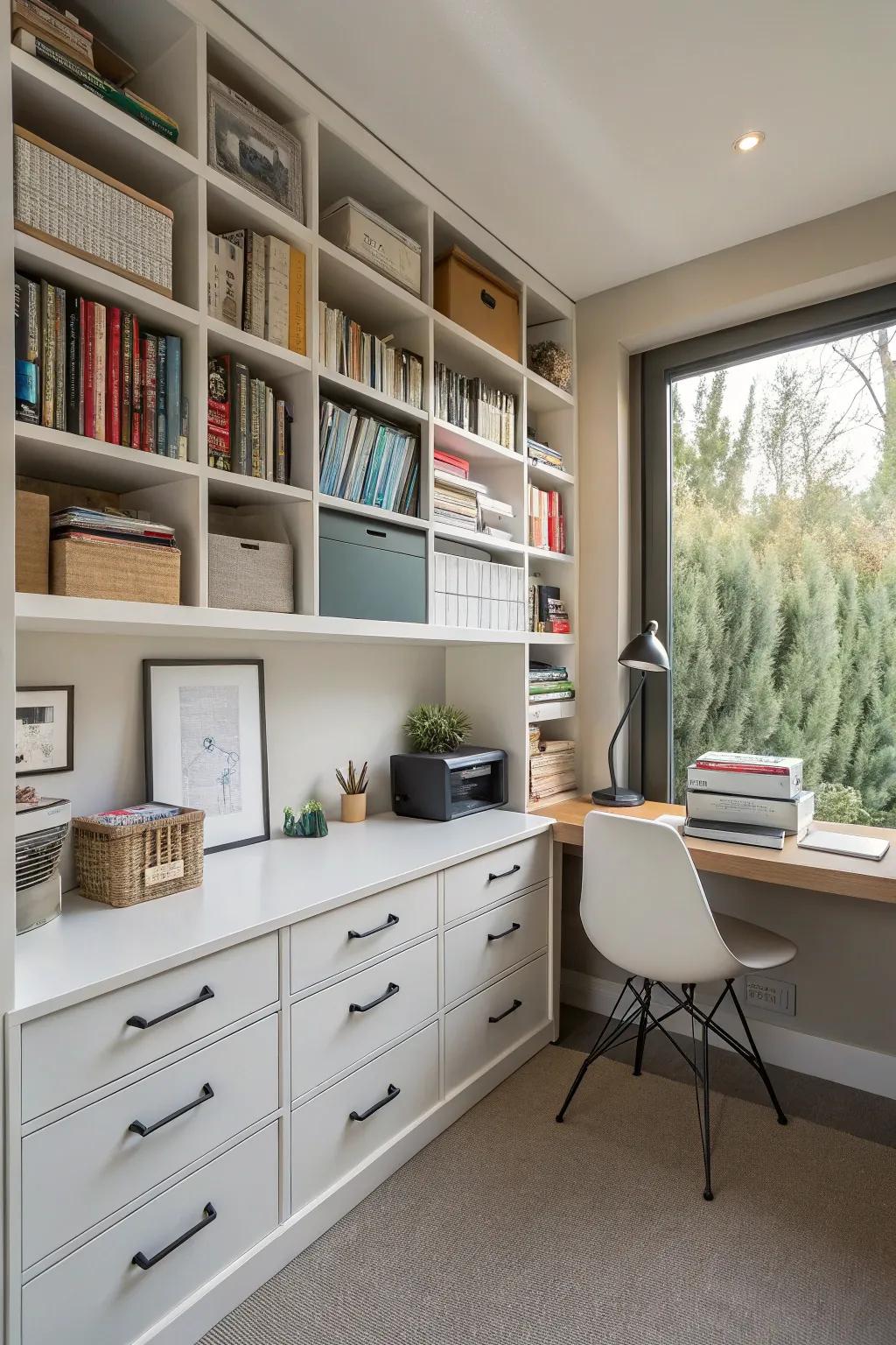 Implementing storage in a small office supports space maximization.
