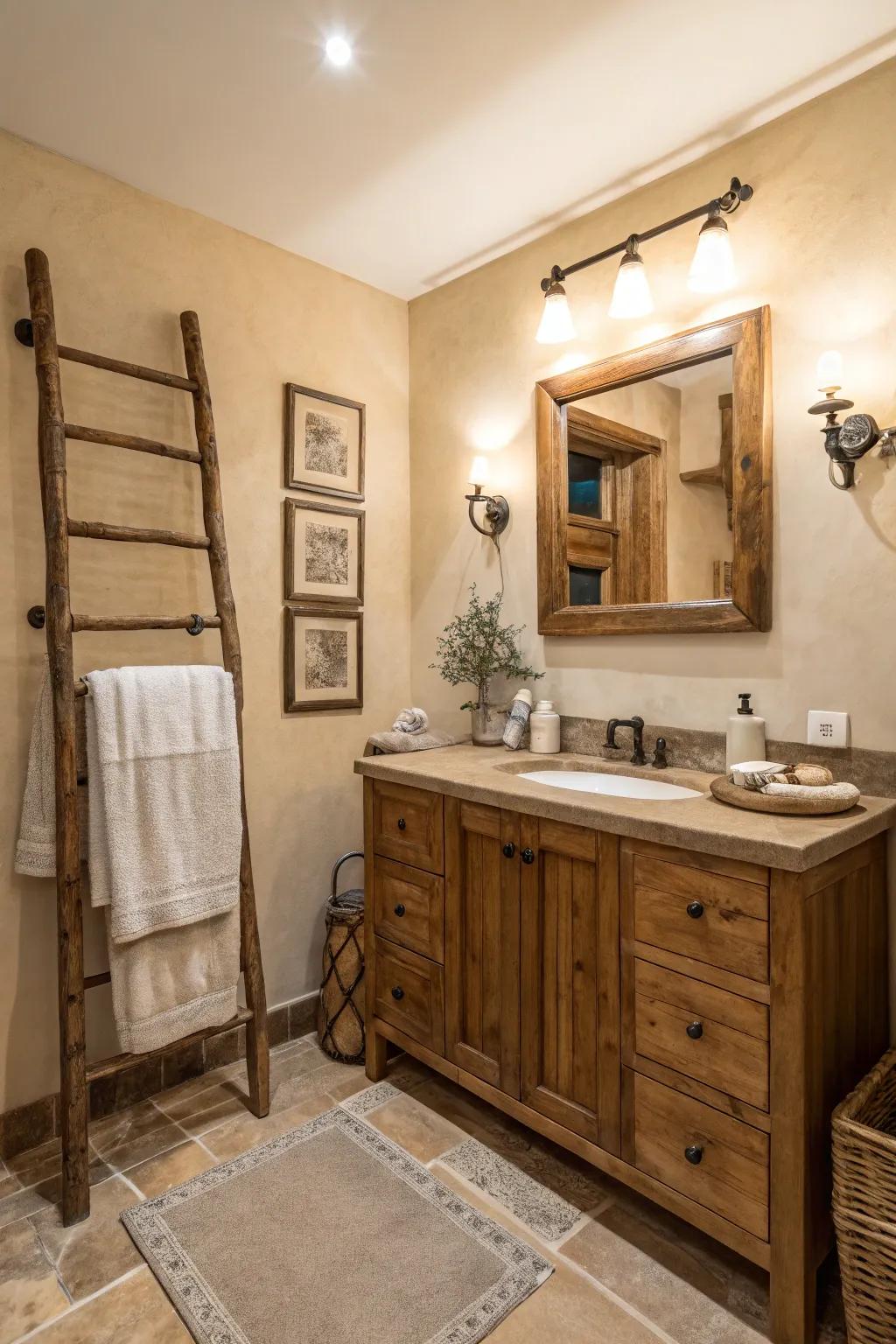 Neutral color schemes create a peaceful vibe in a countryside bathroom.