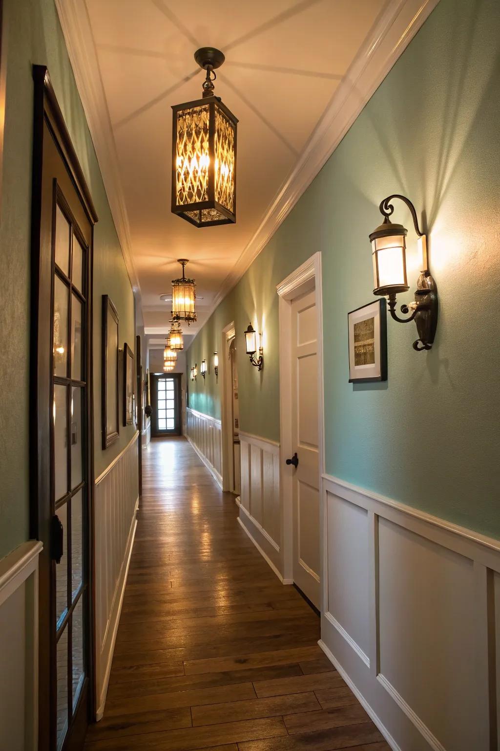 Smart lighting can totally transform the vibe of a narrow hallway.