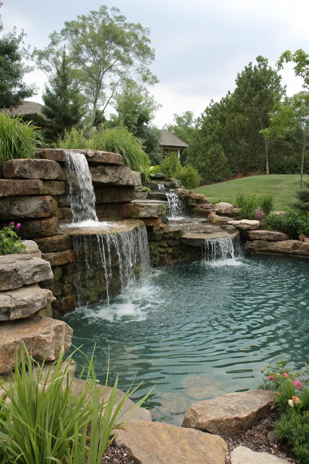 A multi-tiered waterfall crafts multiple layers of flowing water.