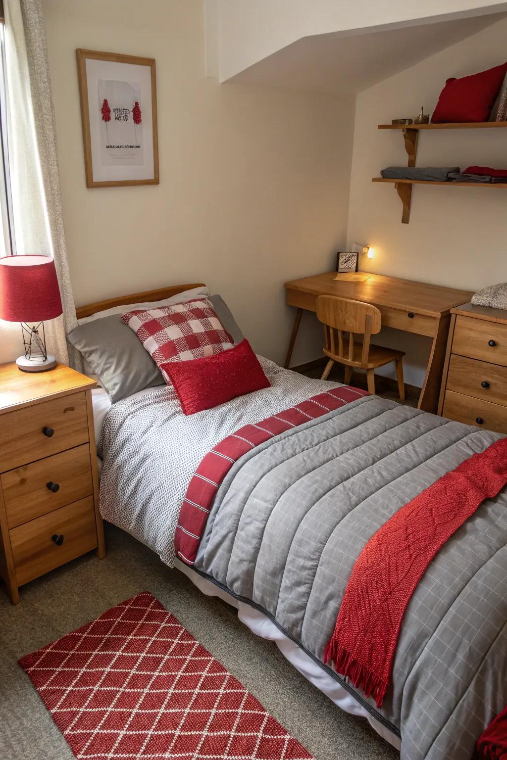 A snug bedroom presenting layered scarlet and charcoal beddings that bring in feel and coziness.