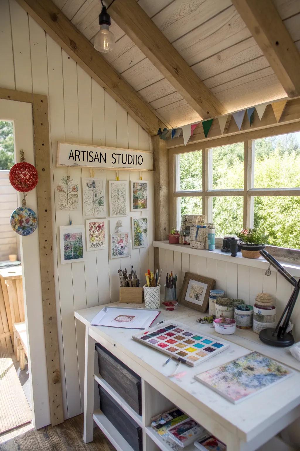An inspiring artistic studio tucked away in a compact shed.
