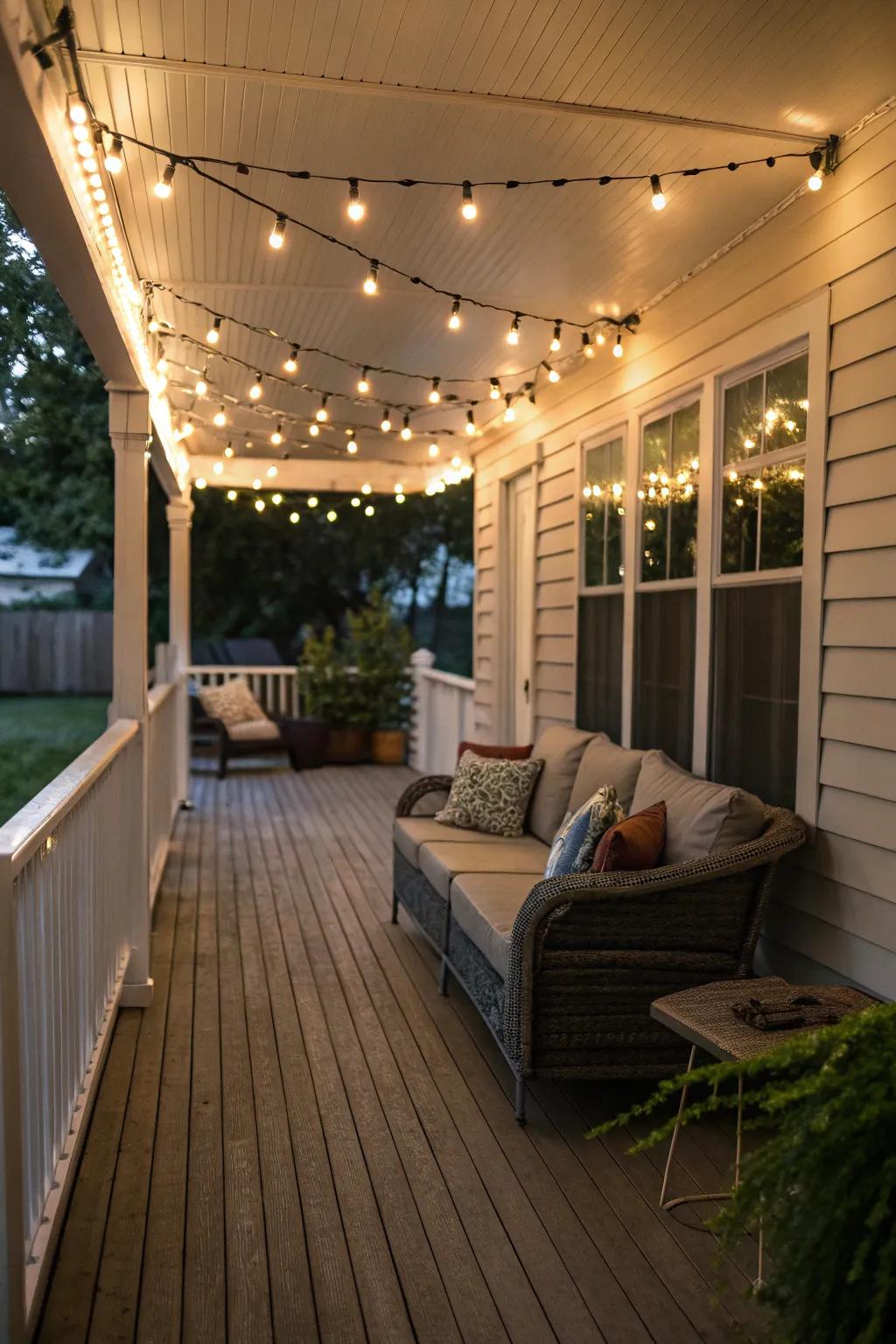 A side porch glowing under the soft twinkle of string lights.