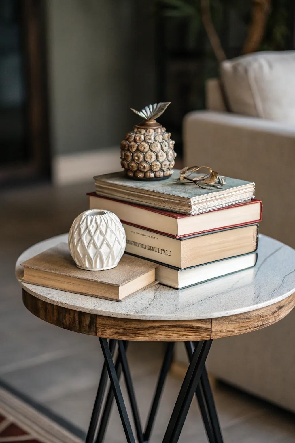 A stack of reading materials imparts personality and stature to a side table.