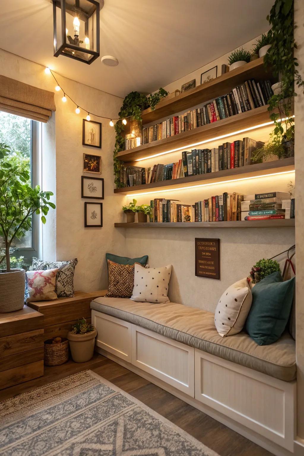 Wall-mounted shelving in a comfortable space, ideal for showing off books and decorative pieces.
