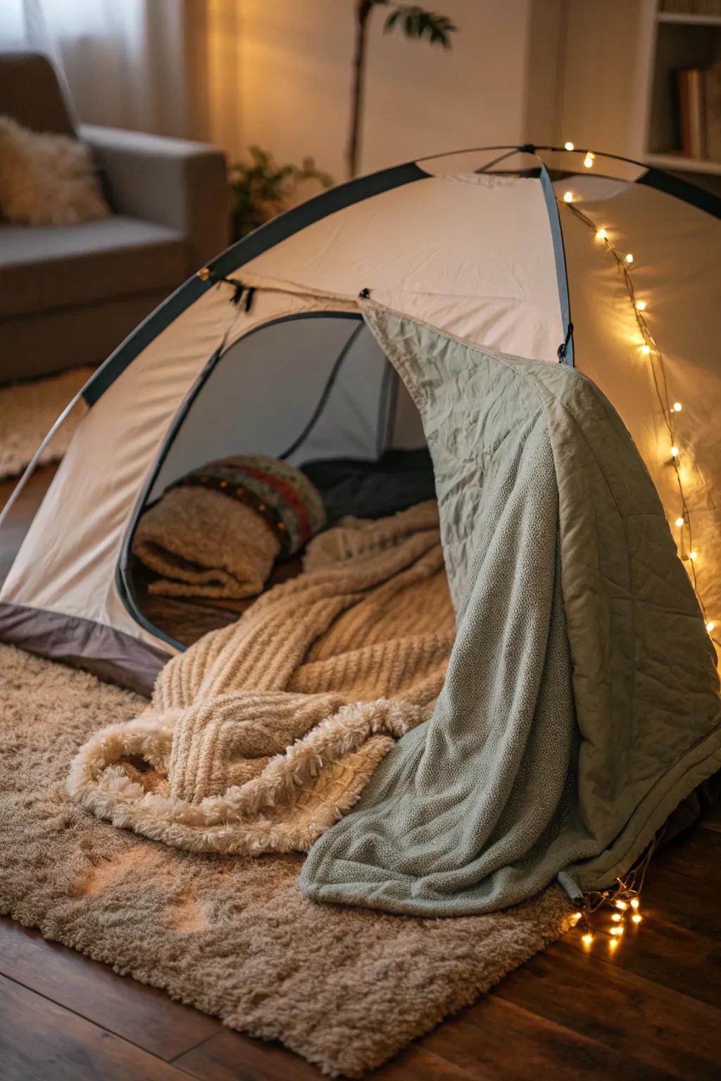 Comfortable tent setup featuring a gentle covering and throw.