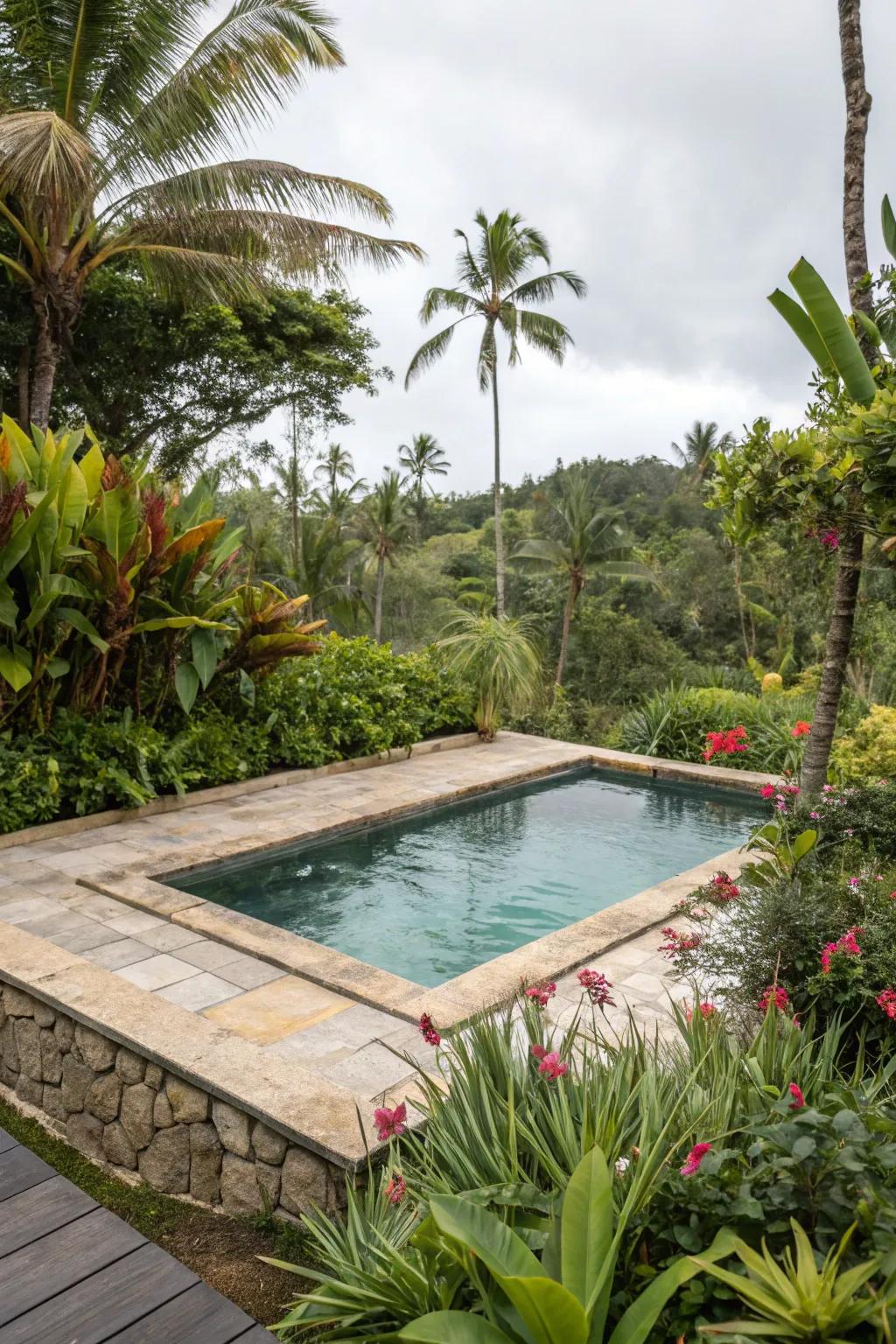 Natural rock elements contribute a grounded and unified aesthetic to your tropical pool setting.
