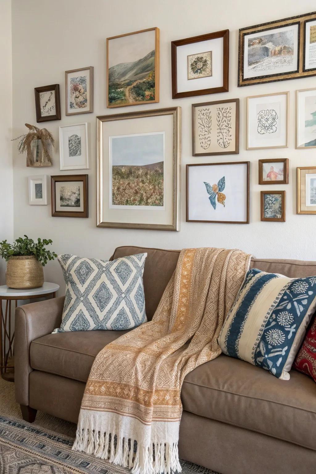 A comfortable living room wall adorned with layered art pieces.