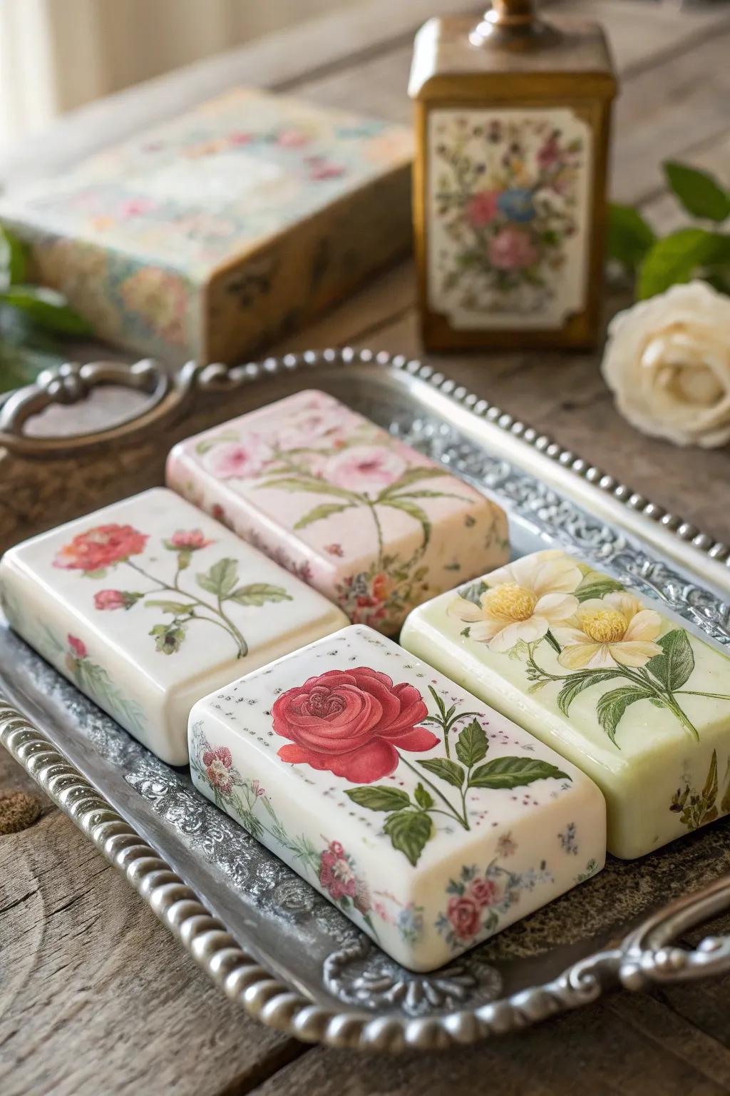 Elegant bath bars with floral découpage designs that provide a vintage feel.