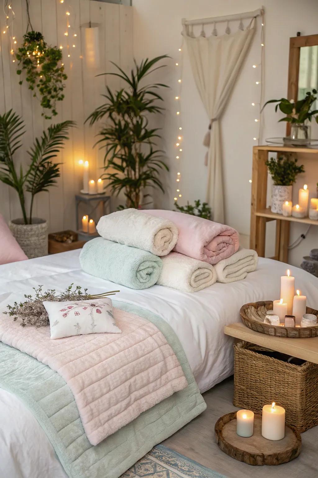 Plump cushions and gentle coverings fashion a dreamy spa sleepover adventure.
