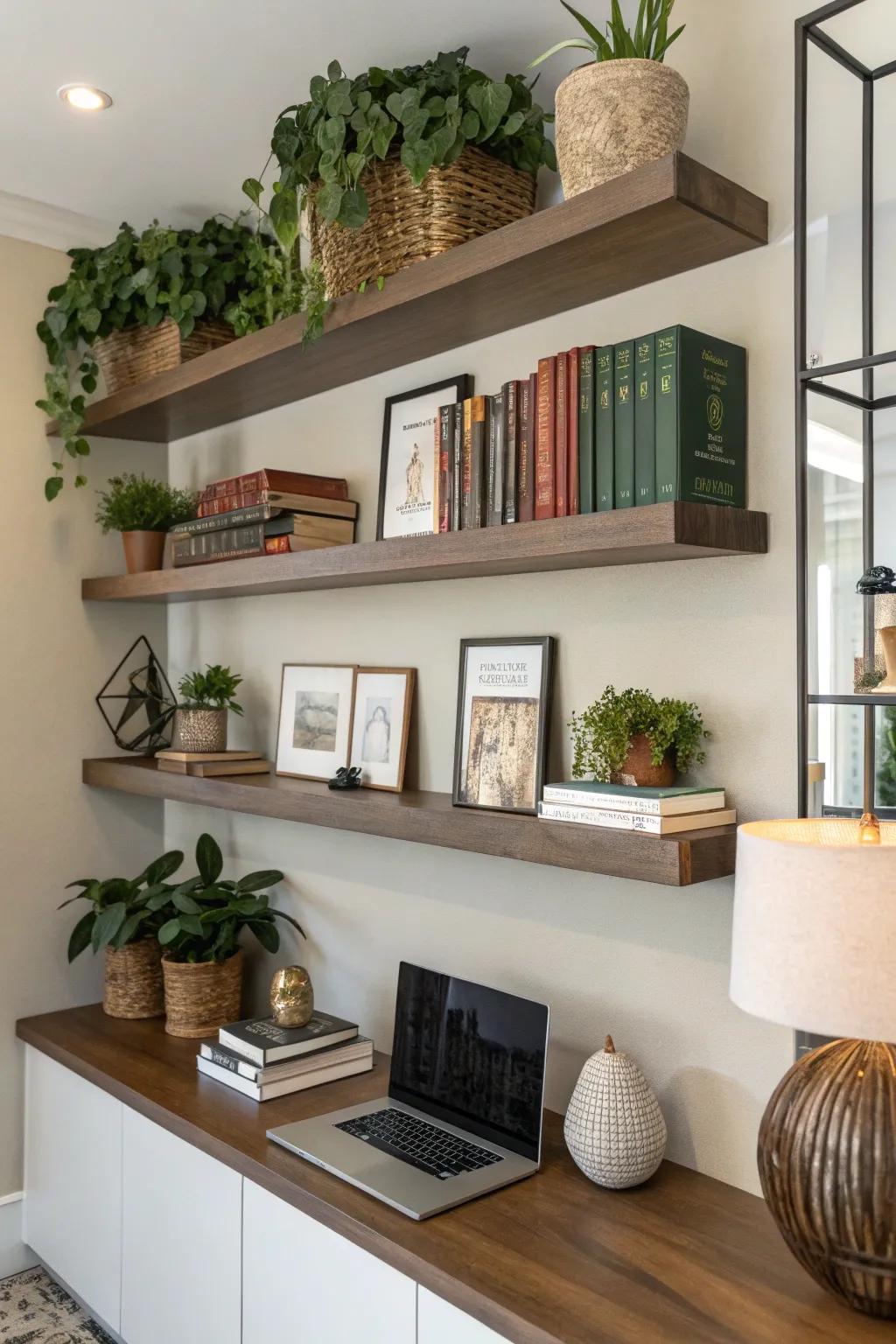 Floating shelves combine style and storage, keeping things uncluttered.