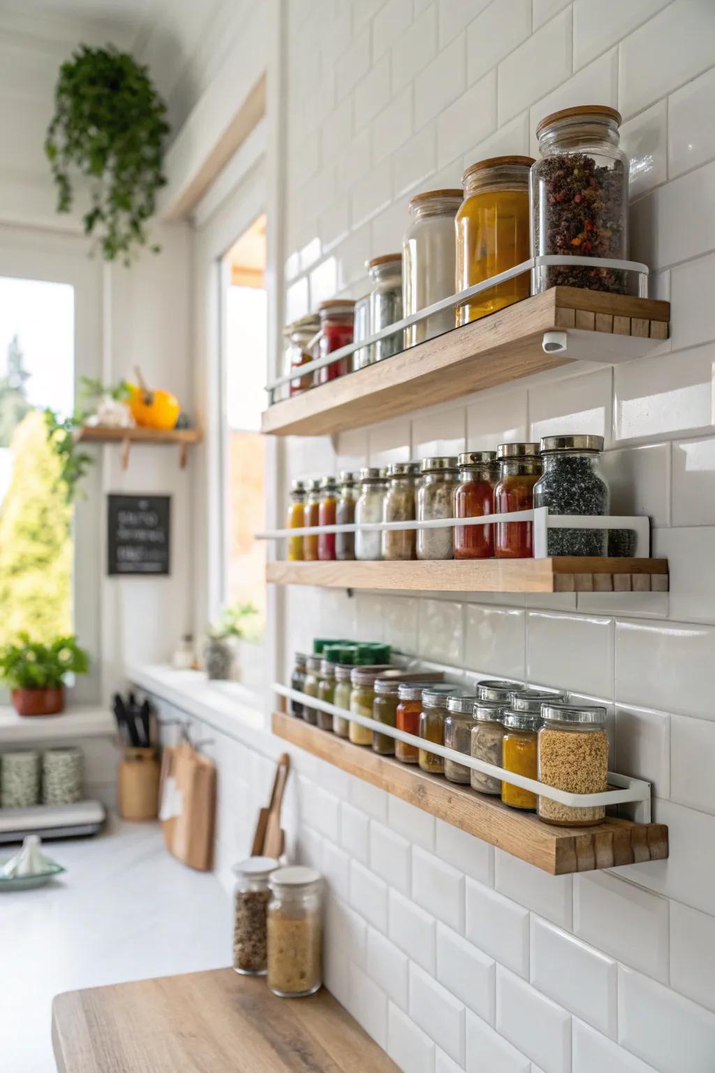 Appealing spice exhibit on floating ledges.