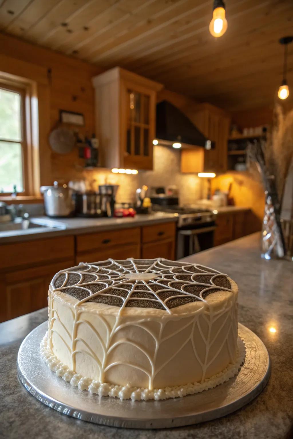 A cake embellished with a delicate cobweb pattern.