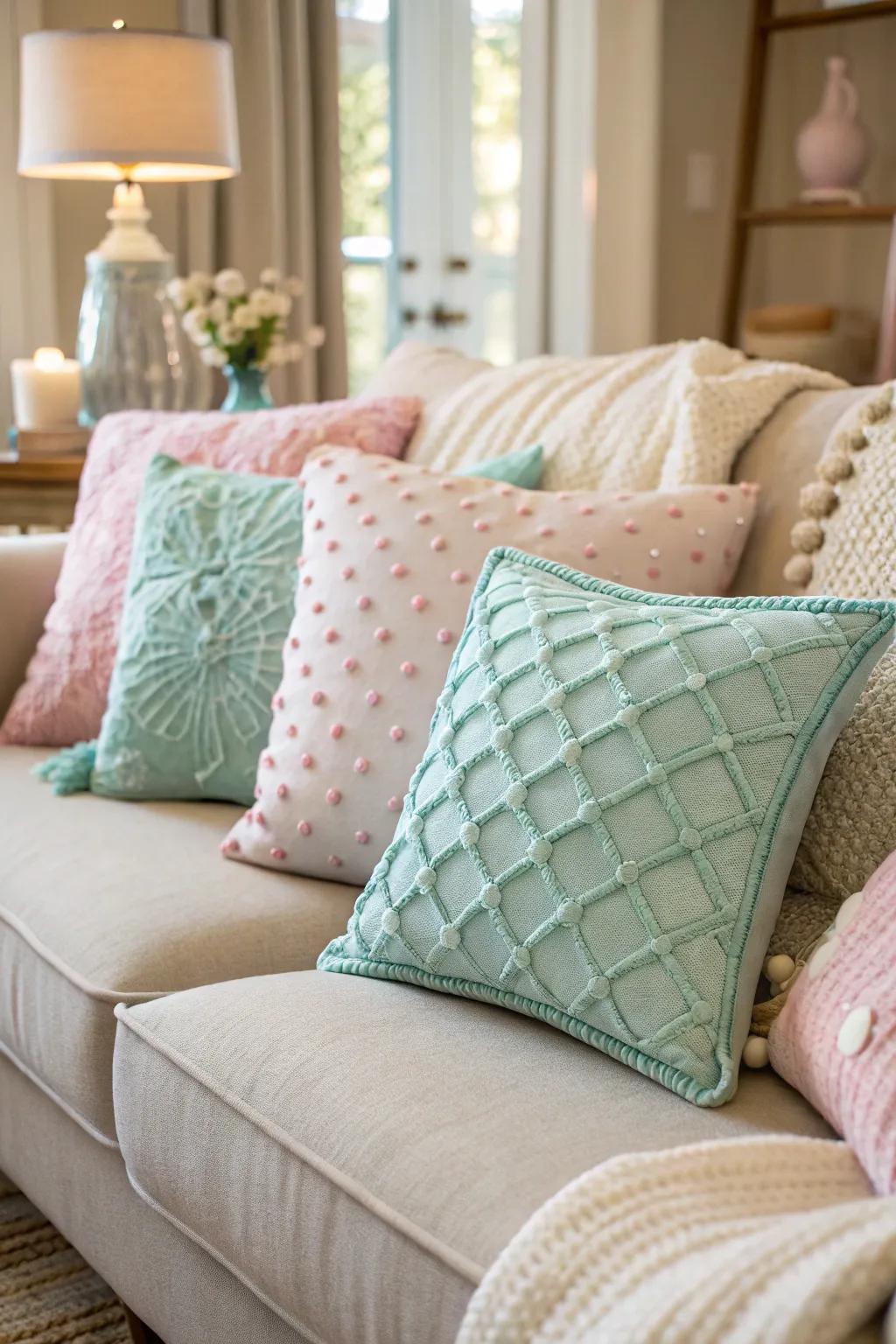 Pastel throw pillows offer a quick seasonal uplift to your living space.