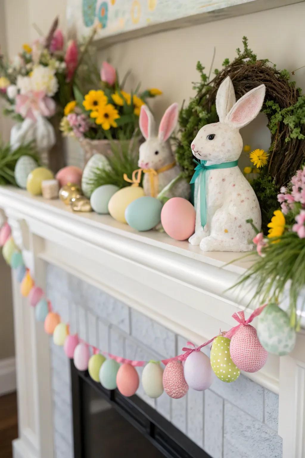 Charming bunny figures spread the joy of Easter across the mantel.