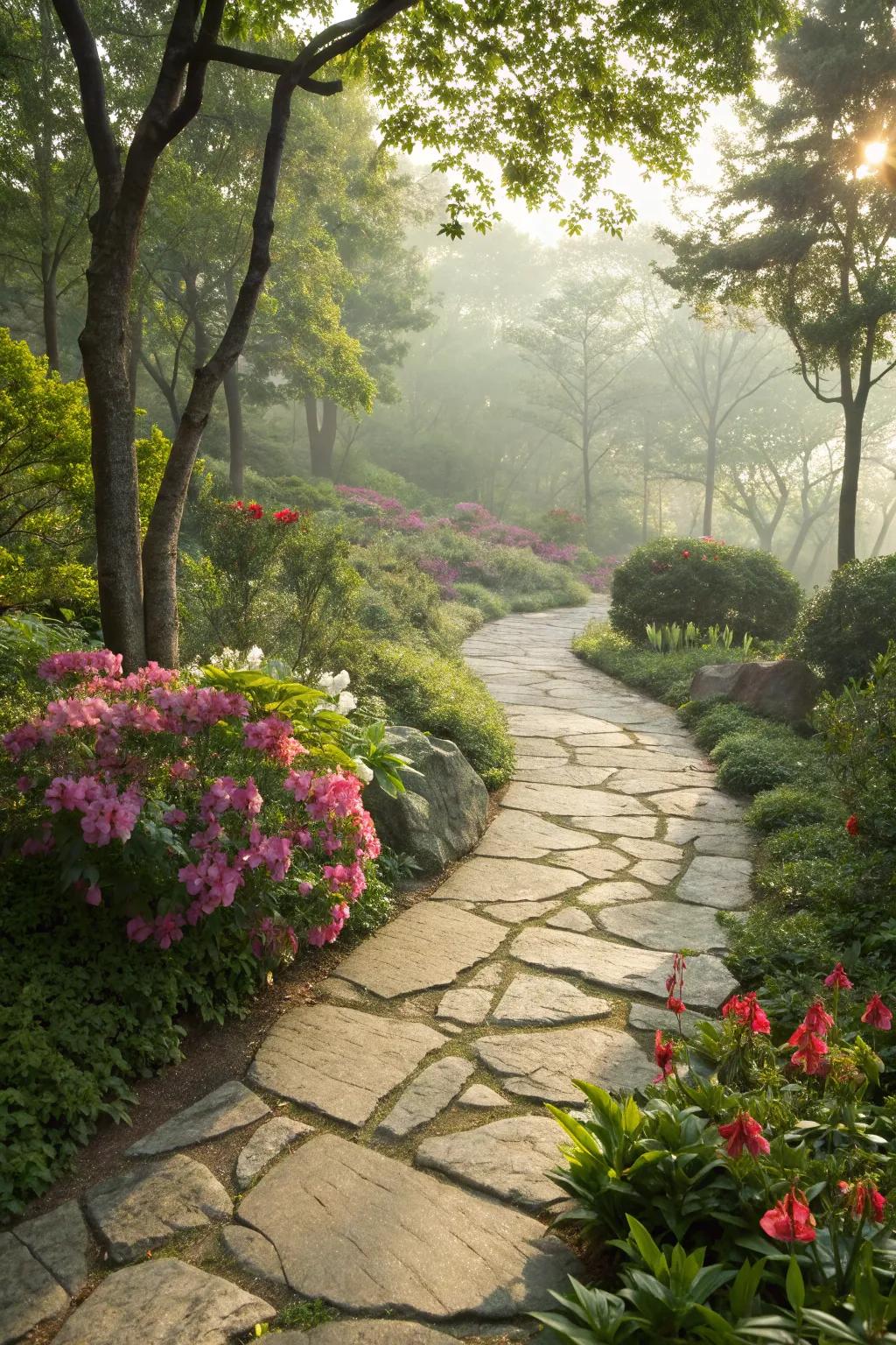 A rustic rock avenue guides through a thriving garden, inviting exploration.