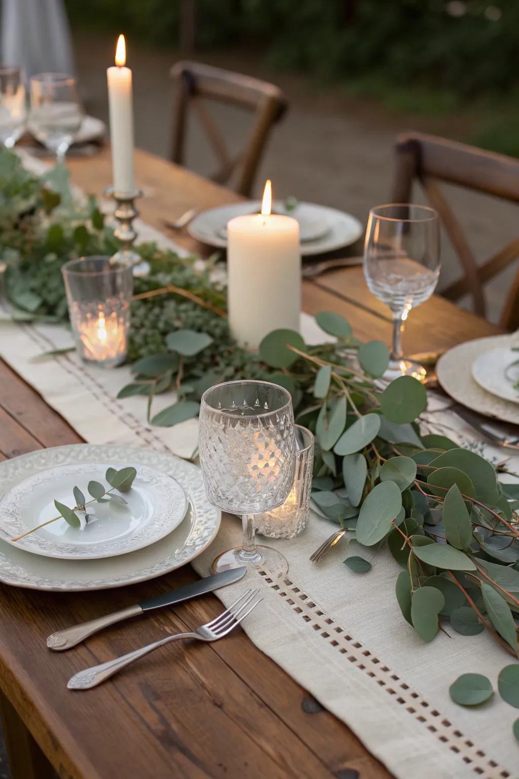 A table lavishly ornamented with a runner of rich greenery.