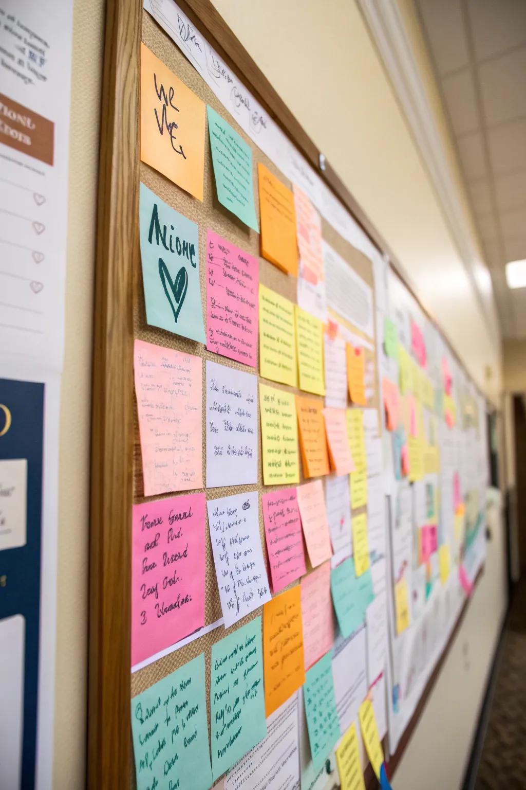 A notice board fostering positivity with handwritten messages.
