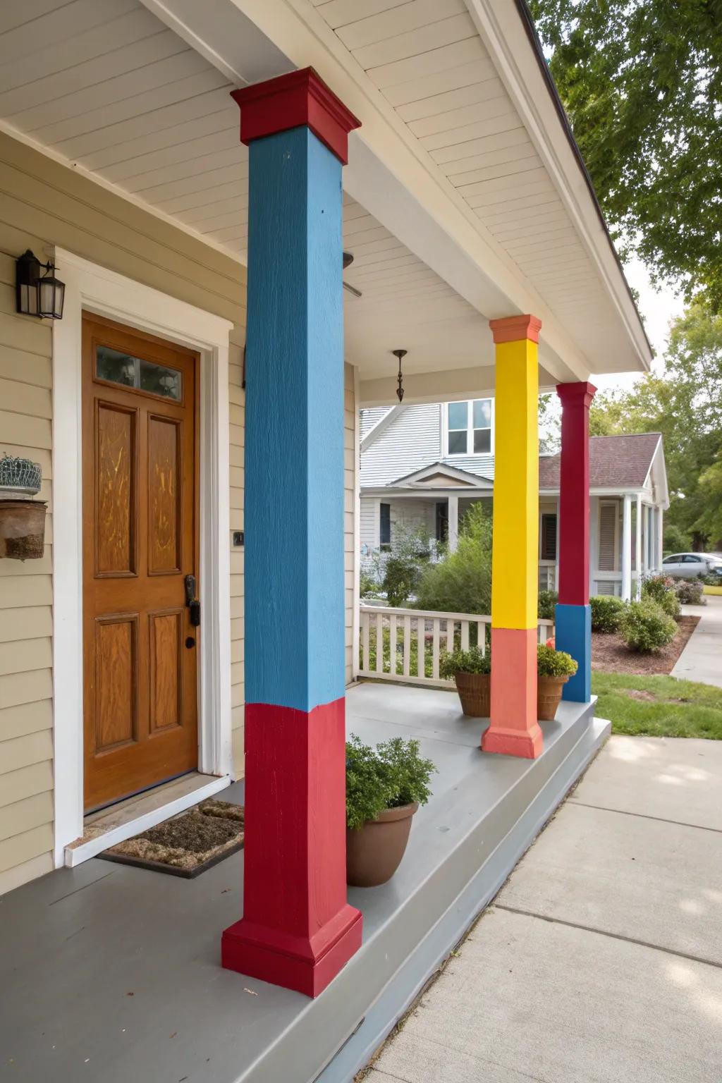 Bright hues on rectangular pillars create a noticeable visual impact.
