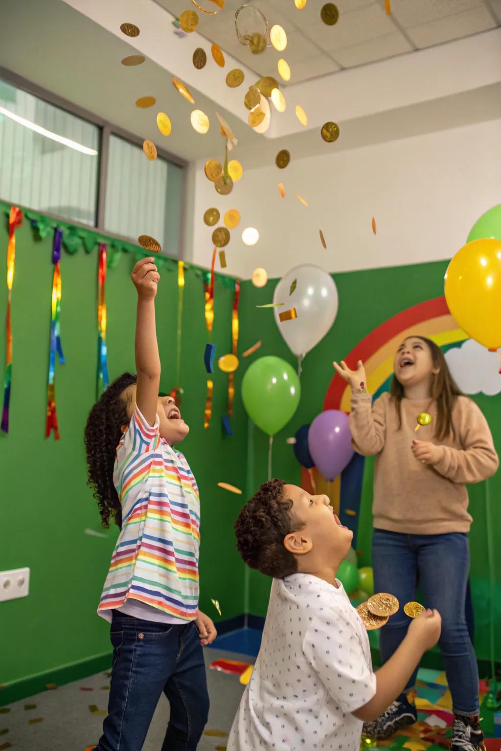 Kids joyfully flinging shimmer coins in a St. Patrick's Day-themed room.