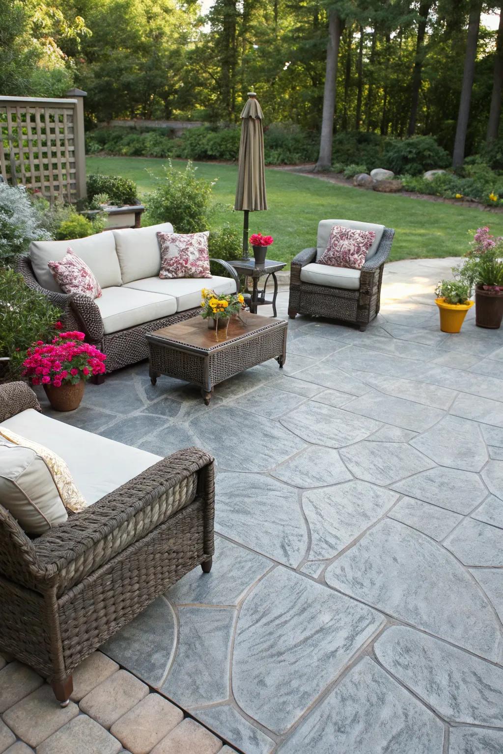 A patterned concrete patio that mirrors the refinement of pure stone.