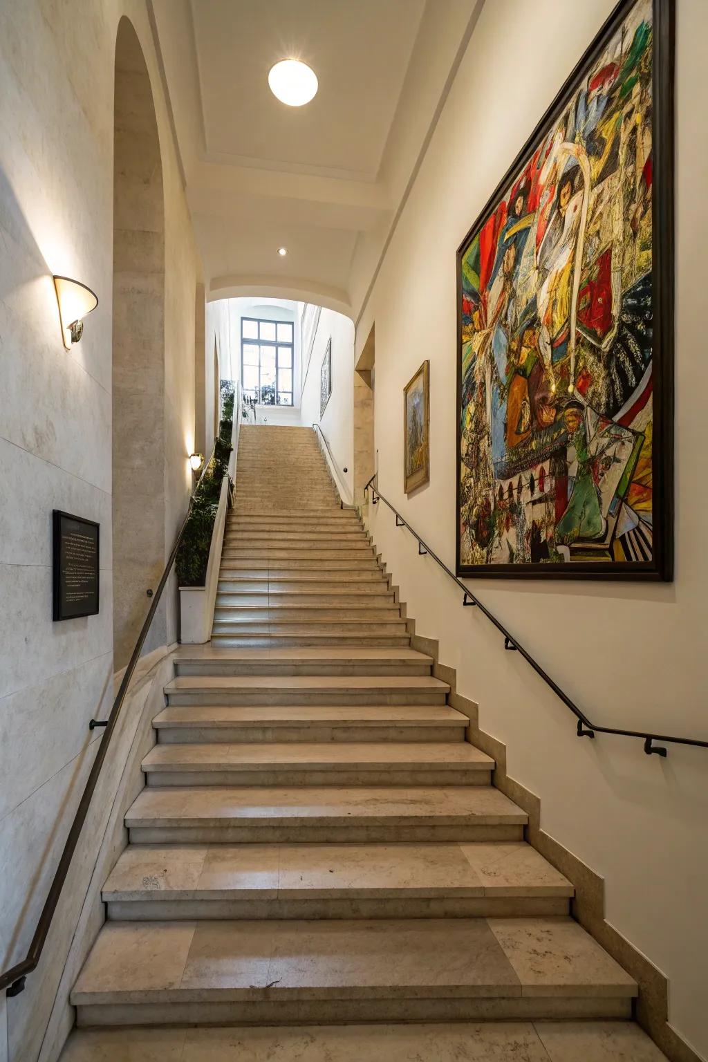A striking art piece can revolutionize your staircase into a display of artistry.