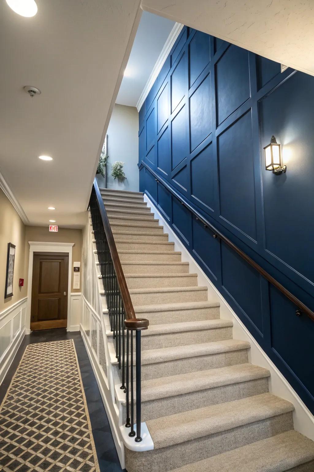 Make an impact with striking colors on your stairway wall.