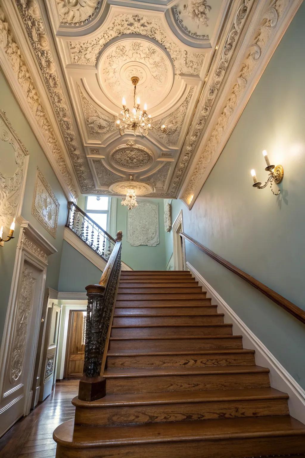 Elegant ceiling trim raises the majesty of any staircase.