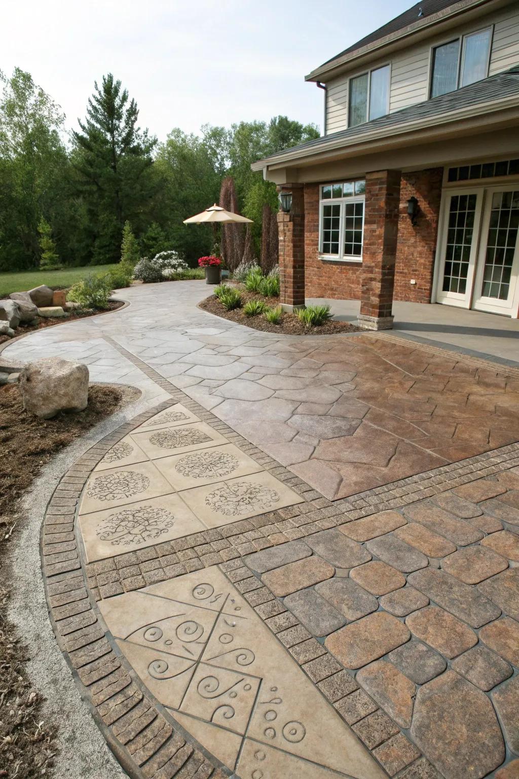 A textured and patterned stamped concrete patio providing aesthetic interest.