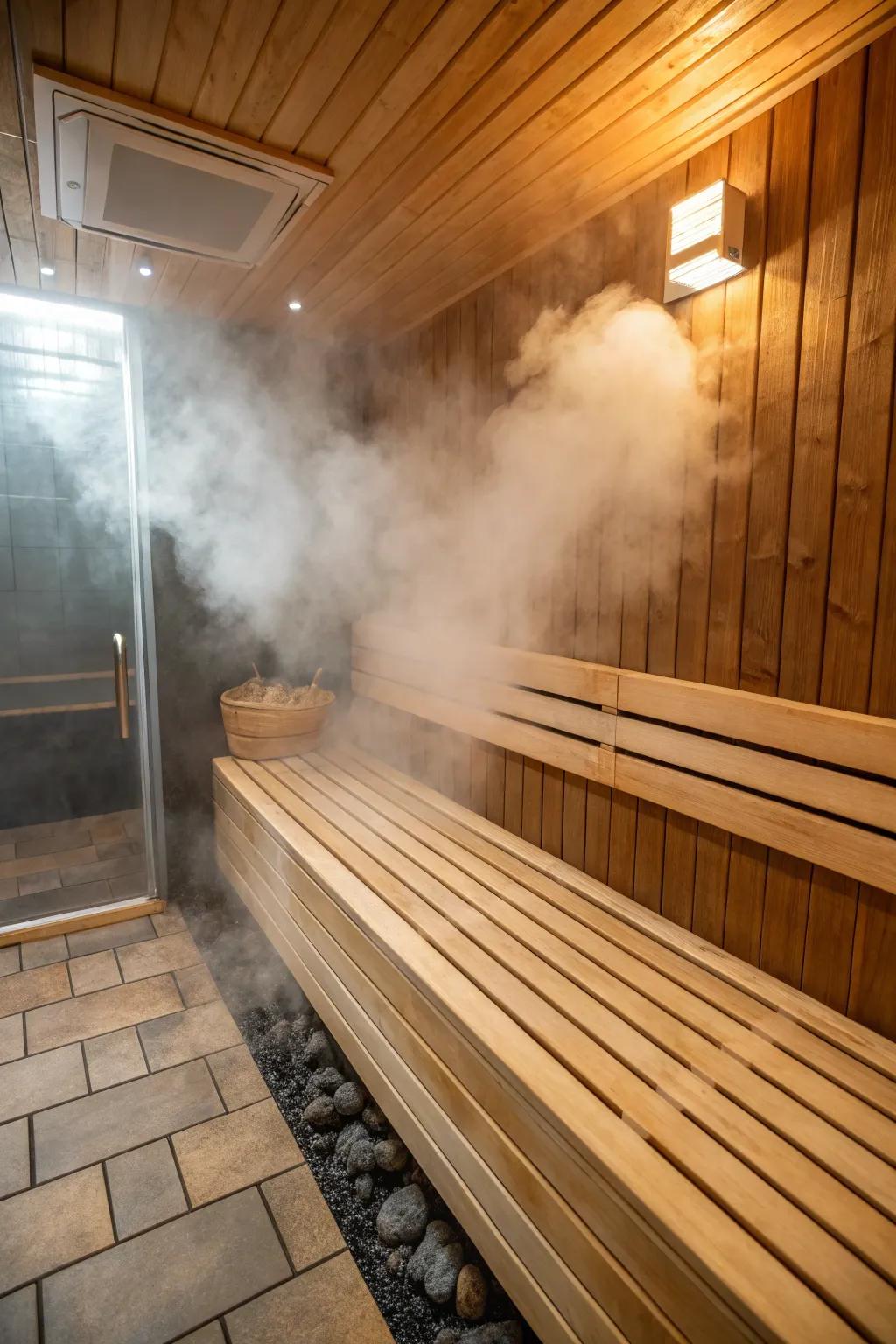 Integrated seating enhances comfort and relaxation within steam enclosures.