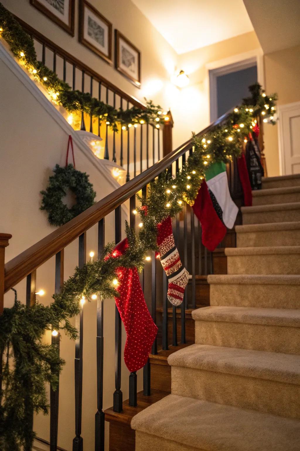 Hosiery accompanied by wreaths delivers holiday merriment to stairwells.