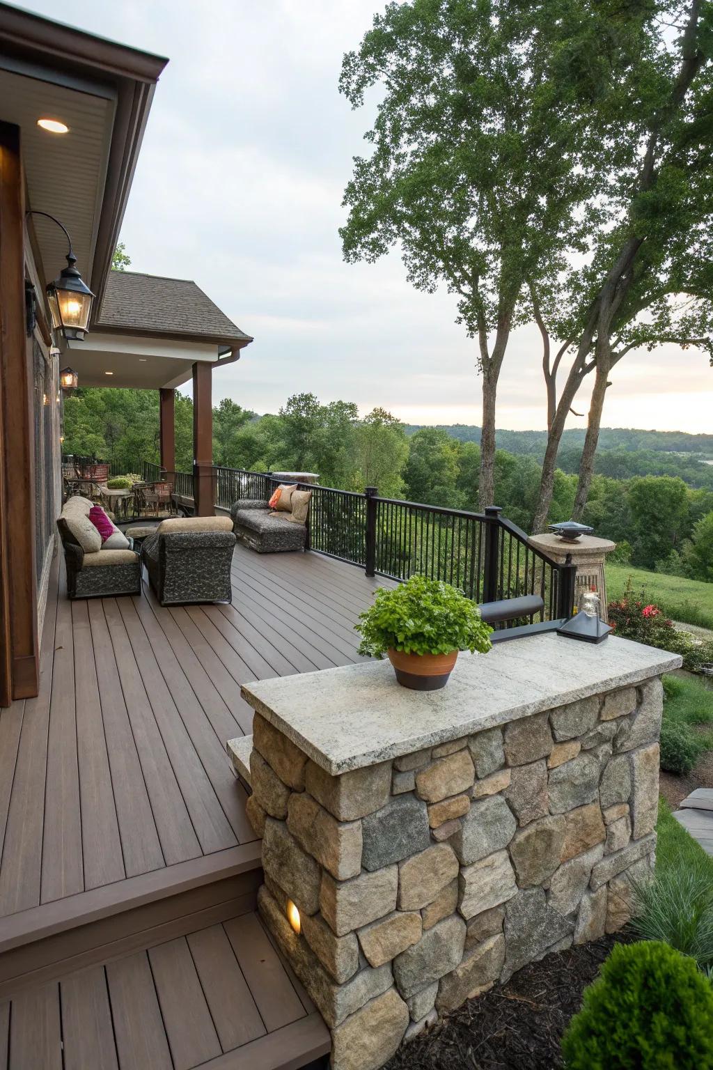 An elevated deck refined with rock skirting, presenting a neat and complete look.