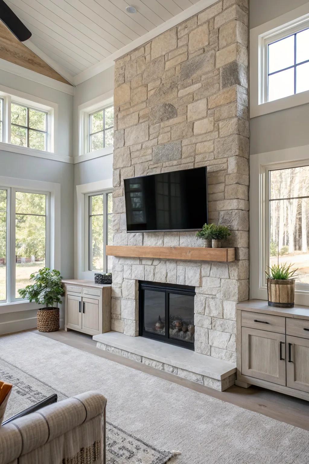 Realize a clean aesthetic using a sleek masonry hearth and borderless display design.