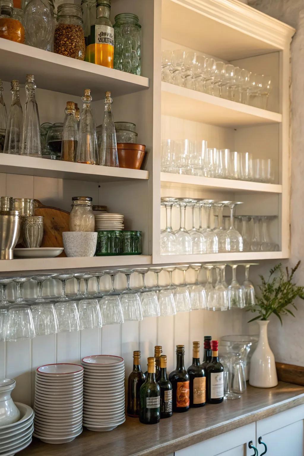 Open shelving imparts a breezy atmosphere and beautifully showcases your glassware.