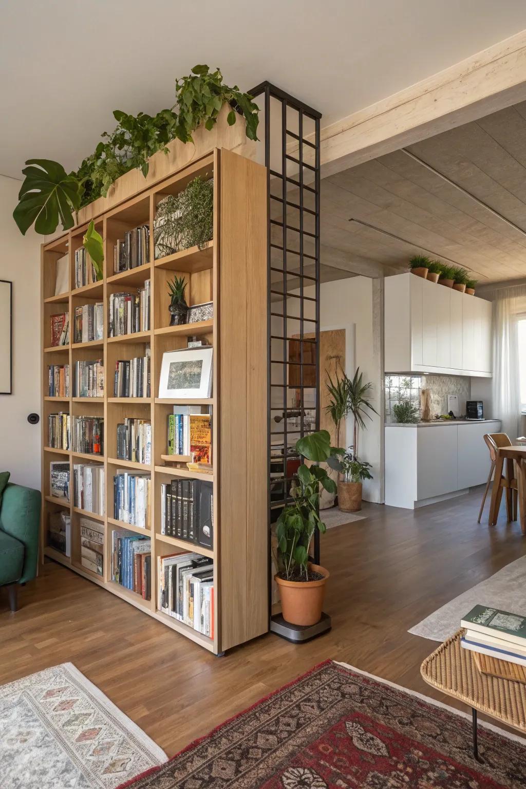 Open storage units function as a fashionable and functional divider.
