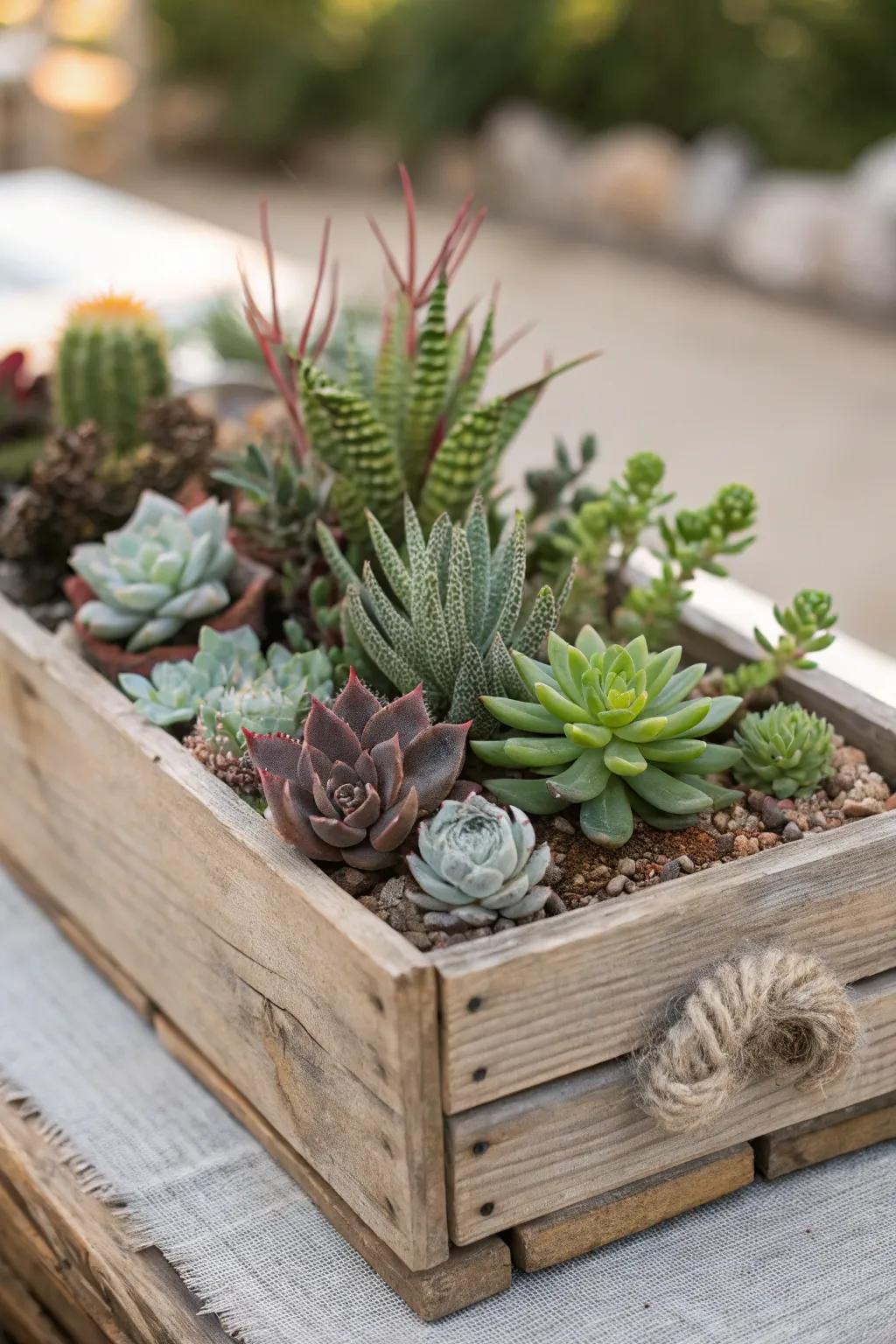 A textural display of succulents at differing heights.