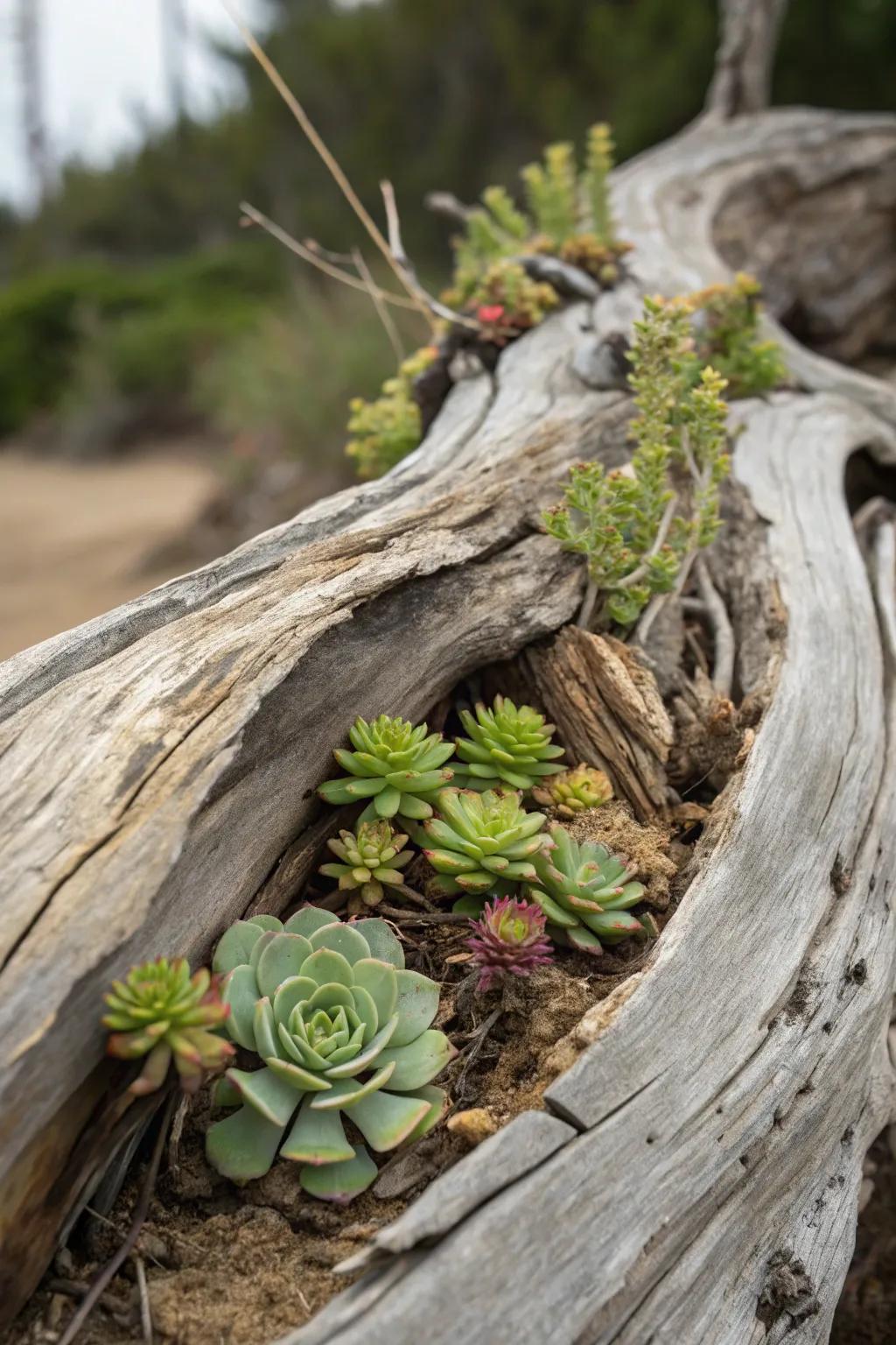 Driftwood and succulents form a harmonious organic showcase.