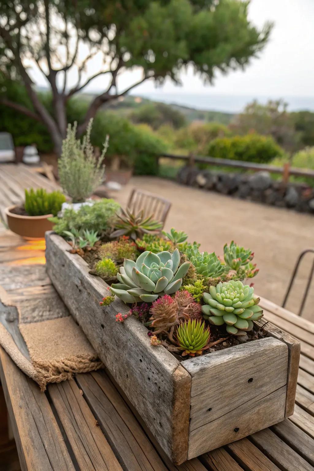 Lumber containers infuse a country-style allure into succulent arrangements.