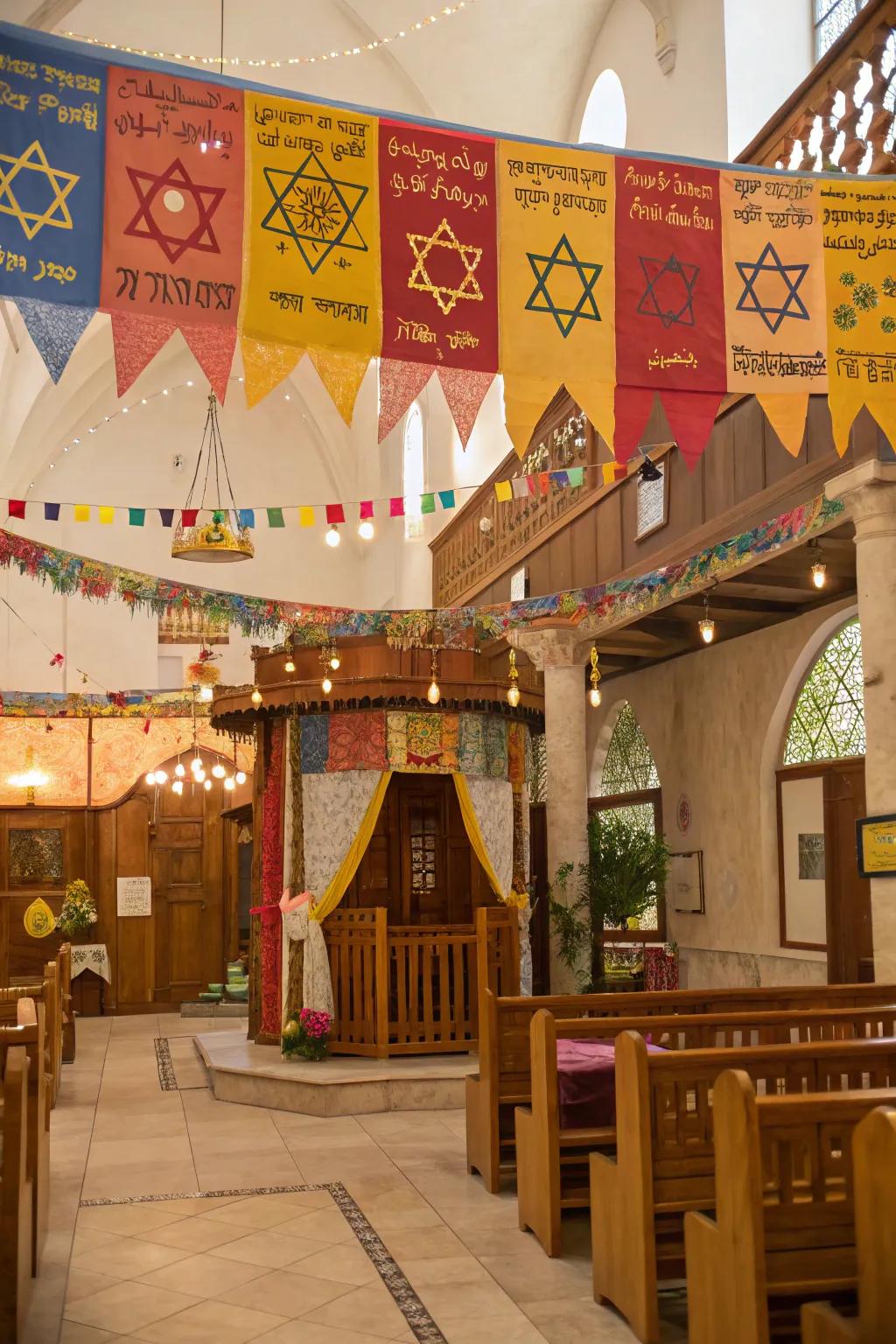 A jolly sukkah interior showcasing joyful banners and signs.
